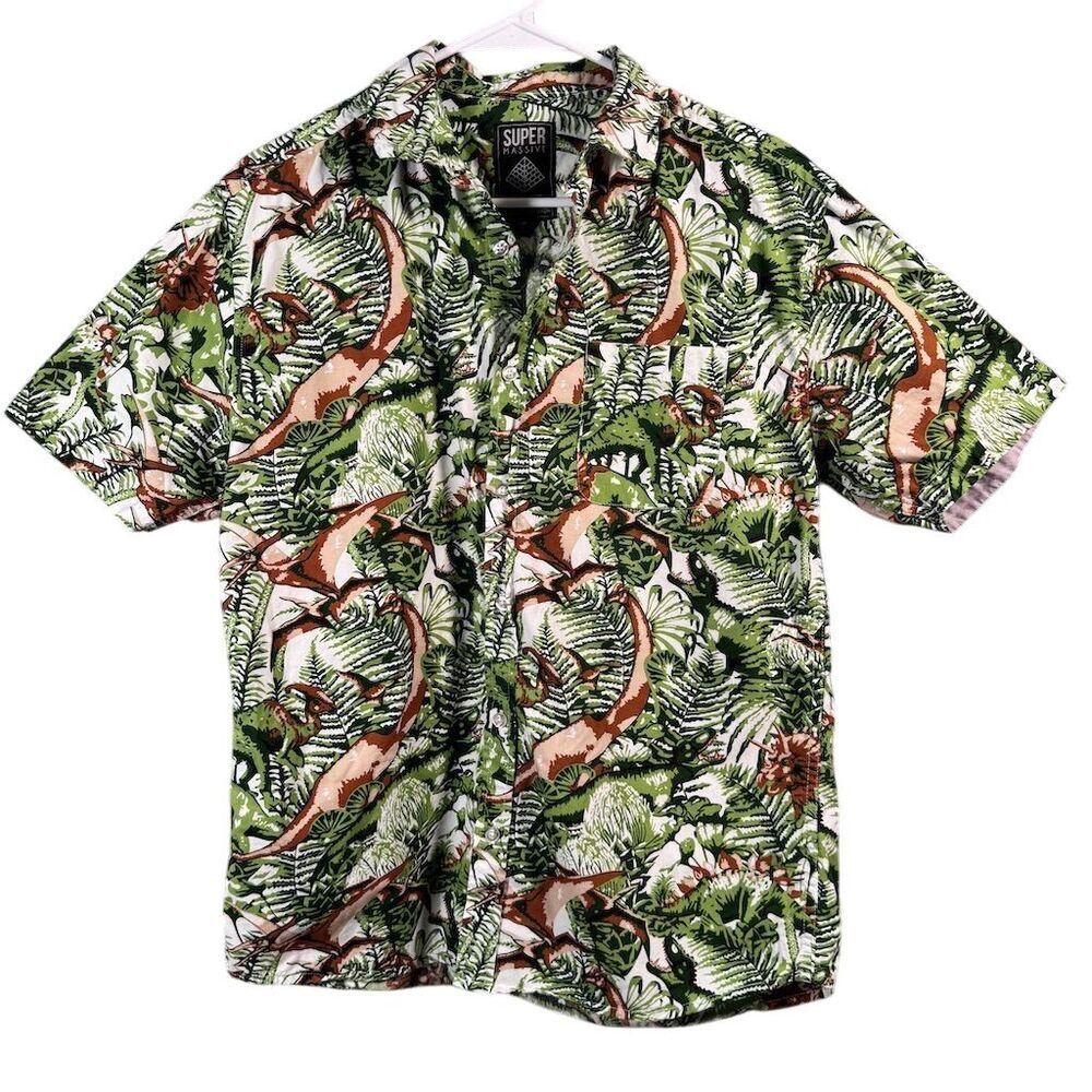 Super Massive Men's M Cotton Hawaiian Shirt Dinosaur Jungle Print Short Sleeve